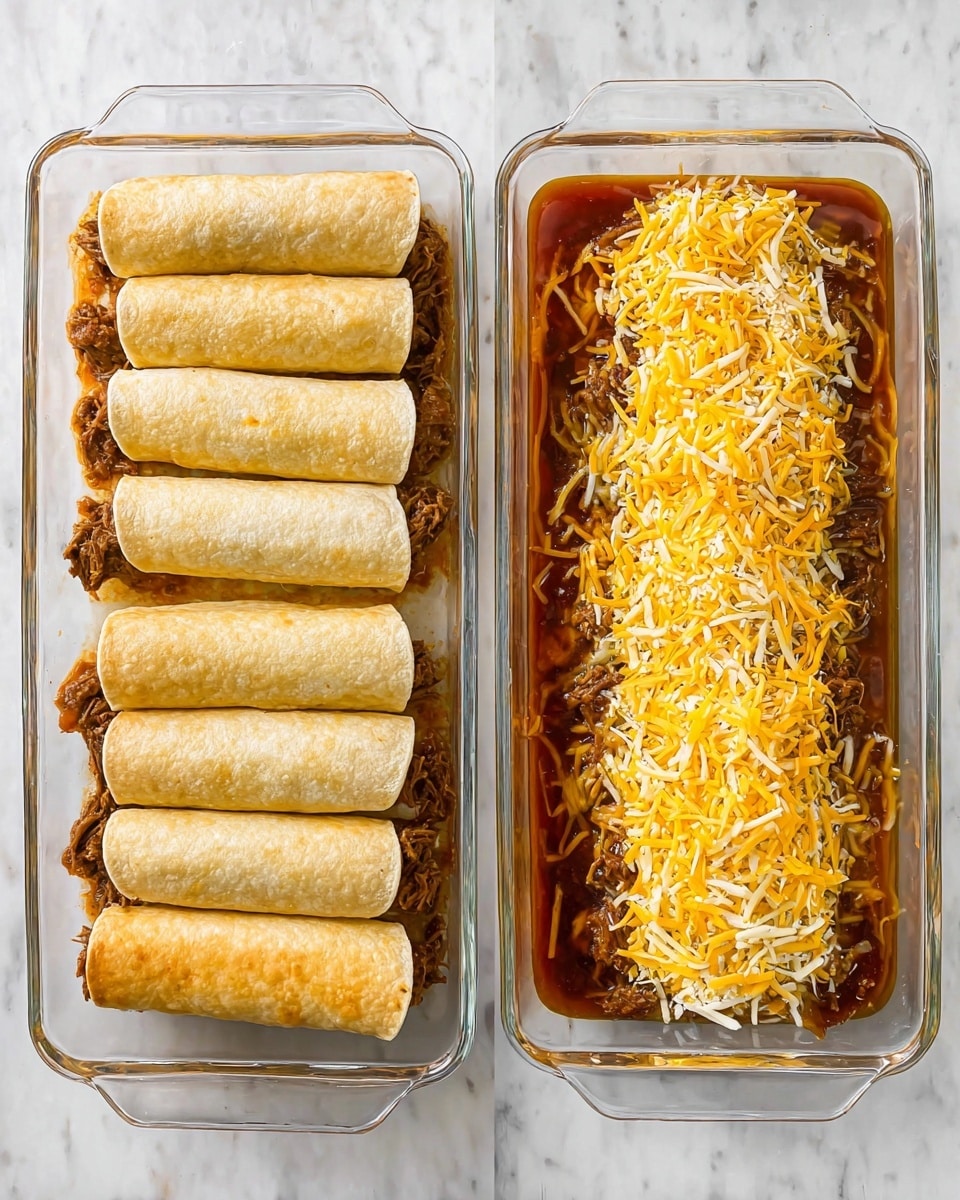 The image shows two clear glass rectangular dishes placed on a white marbled surface. Both dishes contain six rolled tortillas lined up side by side, filled with shredded meat. The dish on the left shows the tortillas plain, while the dish on the right has the same rolled tortillas covered with a thick layer of shredded yellow and white cheese, and a dark reddish sauce that pools around the edges. The tortillas are golden brown and have a slightly crisp texture. Photo taken with an iphone --ar 4:5 --v 7