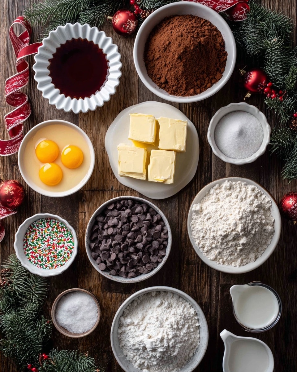 The image shows an overhead view of baking ingredients arranged neatly on a wooden table with Christmas decorations around the edges. There are 11 containers total: starting from the top left, a small white fluted bowl with a dark red liquid, a white bowl filled with rich brown cocoa powder, a white bowl with two bright yellow egg yolks, three large blocks of pale yellow butter on a white plate, a white bowl filled with dark chocolate chips, a small white fluted bowl with white powder (likely baking powder or baking soda), a white bowl full of white flour, a white bowl with fine white sugar, a small white fluted bowl of colorful red, green, and white sprinkles, a tiny white fluted bowl with salt, a white bowl of light brown sugar, and a white measuring cup with cream or milk. The whole scene is set on a dark wooden table with ribbons and evergreen branches and Christmas ornaments framing the image. Photo taken with an iphone --ar 4:5 --v 7