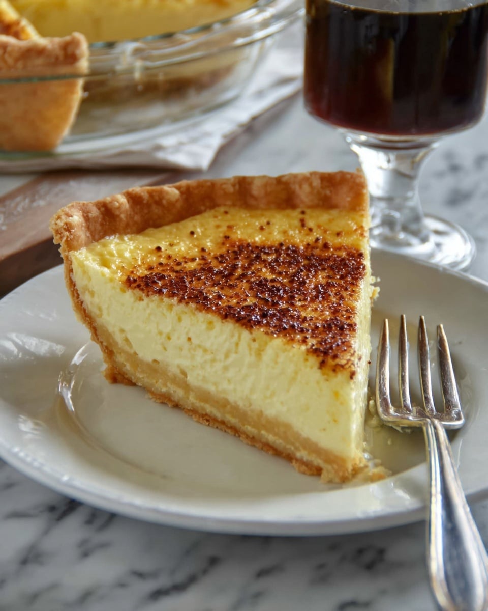 The image shows a slice of cream pie on a white plate with three visible layers: a thick, light yellow creamy bottom layer, a lighter yellow middle custard layer, and a thin top layer with a brown, lightly caramelized surface sprinkled with small dark specks. The slice has a golden-brown crust with a fluted edge holding the filling. A silver fork rests beside the slice on the right, and behind the plate is a glass of dark liquid. The background surface is white marble. Photo taken with an iphone --ar 4:5 --v 7