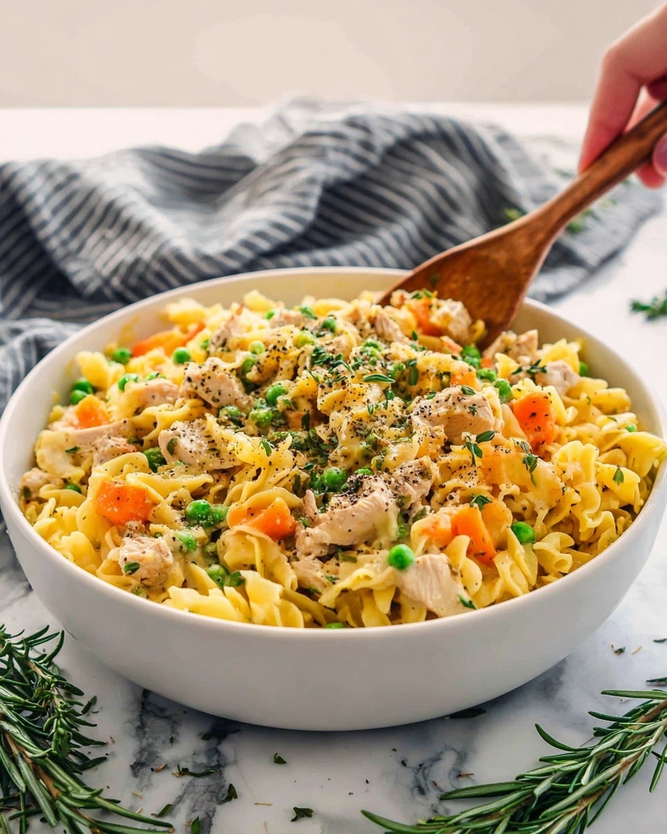 A white bowl is full of creamy pasta with three main layers: the bottom layer is yellow pasta with a rough, curly shape; the middle layer is mixed small chunks of light brown chicken scattered evenly; the top layer has bright orange carrot pieces and fresh green peas, all sprinkled with finely chopped green herbs and black pepper. A woman's hand is holding a wooden spoon, stirring in the bowl. The bowl sits on a white marbled surface with fresh sprigs of rosemary nearby, and a gray-striped cloth is blurred in the background. photo taken with an iphone --ar 4:5 --v 7