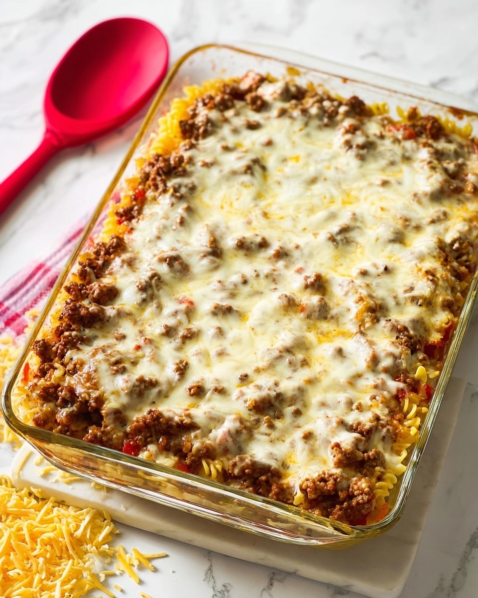 A clear rectangular glass dish filled with a layered casserole showing three main layers: the bottom layer is a mix of yellow pasta pieces, visible at the edges, topped by a thick layer of browned ground meat mixed with small bits of tomato and other vegetables. The top layer is a generous, uneven spread of melted cheese blending white and golden-yellow colors with a creamy, slightly bubbly texture. The dish sits on a white marbled surface with some shredded cheese scattered behind it and a red spoon placed to the left side of the dish. photo taken with an iphone --ar 4:5 --v 7