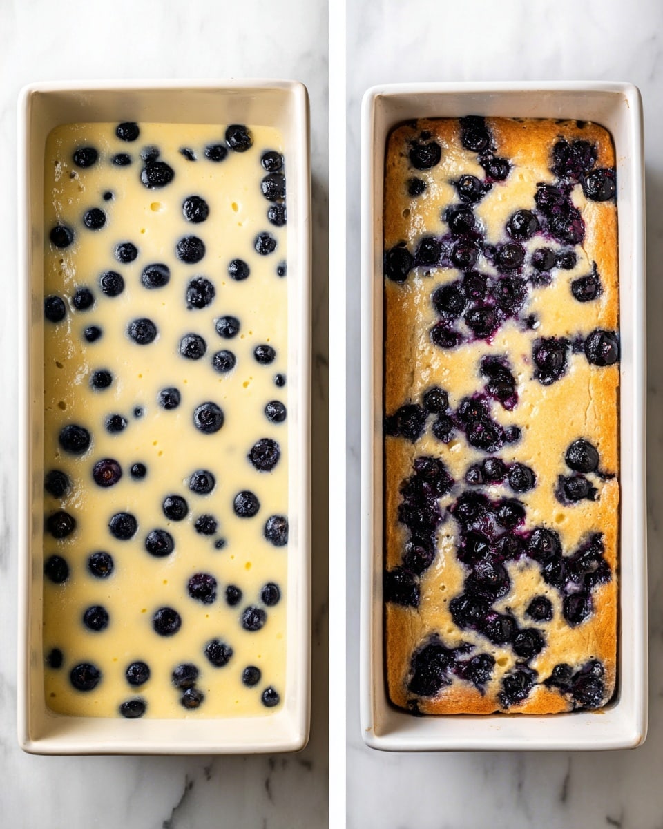 The image shows two rectangular white baking pans placed side by side on a white marbled surface. The left pan has an uncooked batter layer that is pale yellow with many dark blue blueberries scattered evenly throughout, creating a dotted pattern. The right pan contains the same batter but fully baked, with a golden-brown crust on top and blueberries that have burst slightly, leaving dark purple stains around them and unevenly distributed across the surface. The edges of the baked layer are darker and crispier compared to the softer middle. photo taken with an iphone --ar 4:5 --v 7
