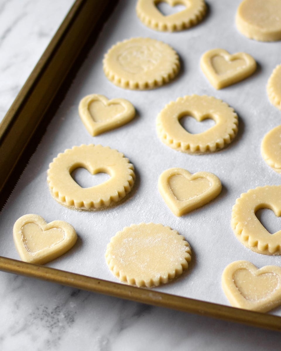 The image shows a baking tray lined with white parchment paper on a white marbled surface. On the tray, there are two types of unbaked cookie dough shapes: larger round cookies with scalloped edges and heart-shaped cutouts in the center, and smaller solid heart-shaped cookies scattered between the larger ones. The dough is pale yellow and looks soft and slightly dusted with flour. The cookies are arranged neatly in rows, with the larger round cookies placed in pairs and the smaller heart shapes filling in the spaces between them. The lighting is soft, highlighting the smooth texture of the dough. photo taken with an iphone --ar 4:5 --v 7
