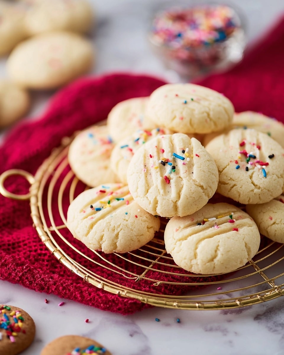 A round golden wire rack sits on a red cloth over a white marbled surface, holding a pile of soft, light beige cookies. Each cookie is thick and round with a smooth, slightly cracked texture, marked with three shallow fork lines on top. Small colorful sprinkles—red, blue, yellow, and black—are scattered on the cookies' surface. In the background, more cookies and a brown round cookie are slightly blurred. Photo taken with an iphone --ar 4:5 --v 7