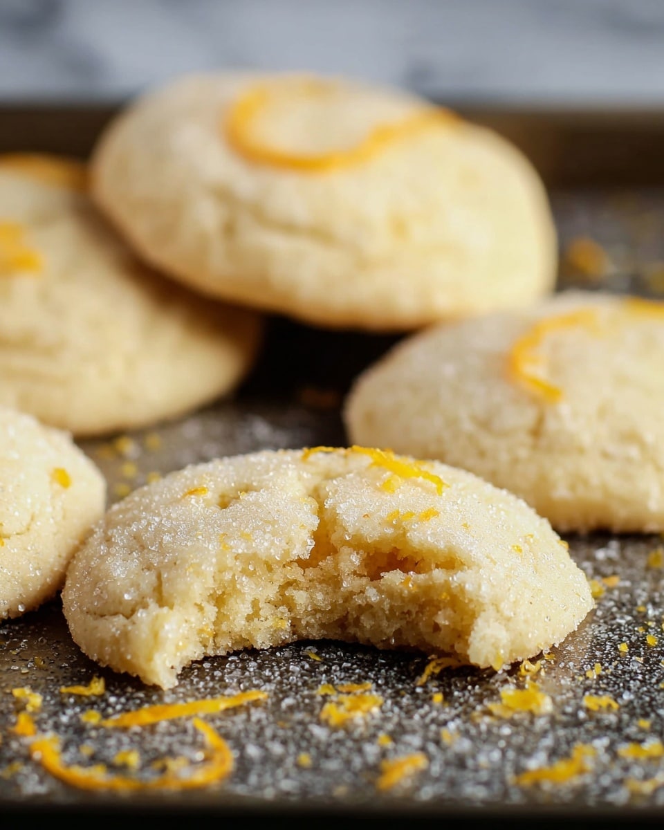 Several round sugar cookies are placed on a tray with a dark textured surface. The cookies are pale golden color with a grainy sugar coating on top. One cookie in the front has a bite taken out, showing a soft and slightly crumbly inside. Small pieces of orange zest are scattered over the cookies and tray. The background is a white marbled texture. photo taken with an iphone --ar 4:5 --v 7