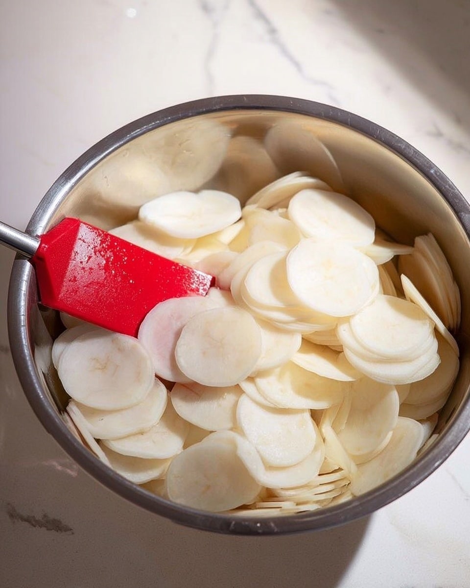 A shiny silver bowl filled with thin, round white slices stacked loosely in several layers. The slices have soft smooth surfaces and are slightly translucent around the edges. A red spatula with a silver handle rests on the left side of the bowl, lightly touching the slices. The background shows a white marbled surface. photo taken with an iphone --ar 4:5 --v 7