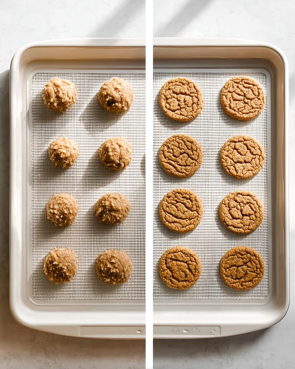 The image shows two side-by-side views of a white baking tray placed on a white marbled surface. On the left side, there are nine round, rough-textured cookie dough balls evenly spaced in three rows and three columns, each ball being a light brown color with a slightly crumbly look. On the right side, the same spaces hold nine baked cookies with a smooth, flat, and cracked surface in a deeper golden brown color, each cookie circular and showing a slight pattern of cracks and texture. The tray has a grid-like texture, and the overall scene is lit with natural light, creating soft shadows and a clean, bright atmosphere. photo taken with an iphone --ar 4:5 --v 7
