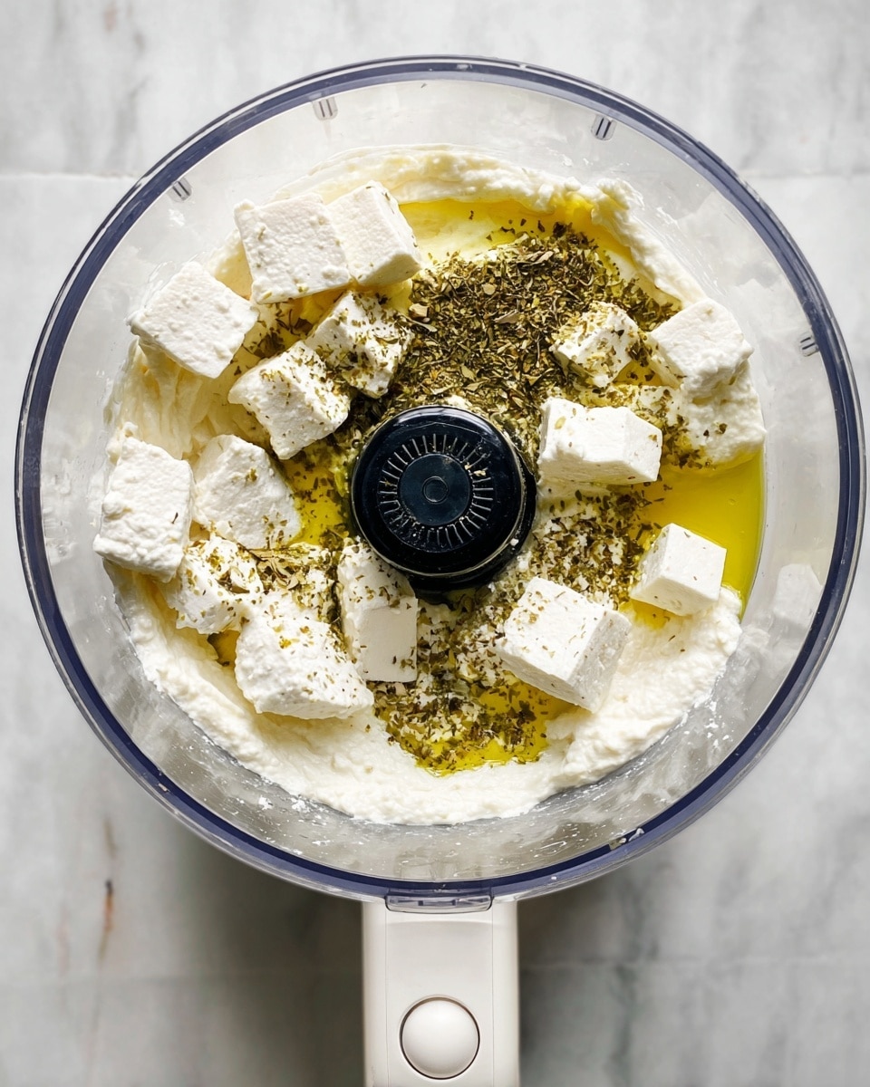The image shows a clear food processor bowl placed on a white marbled surface. Inside the bowl, there is a base layer of creamy white cottage cheese with a drizzle of golden olive oil on top. Above that, there are chunky white pieces of feta cheese scattered around, sprinkled with green dried herbs, mostly oregano. The central black blade attachment is visible in the middle of the bowl. The food processor handle is white and extends to the right side of the image. Photo taken with an iphone --ar 4:5 --v 7