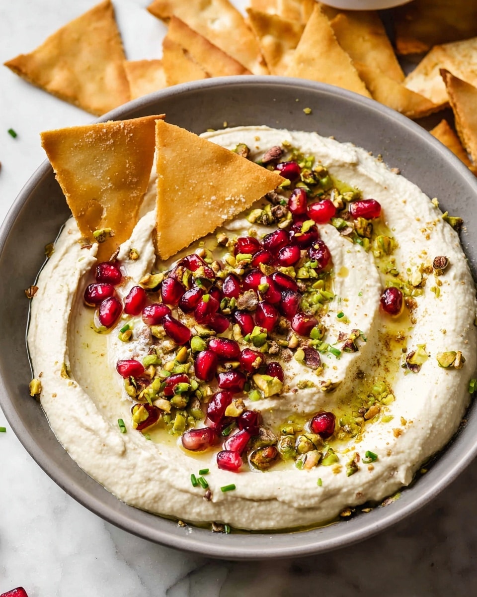 A gray bowl holds a creamy white hummus base spread in a circular layer with a smooth, slightly ridged texture. On top, there is a scattering of bright red pomegranate seeds and chopped green pistachios, adding small bursts of color and texture. Three golden brown pita chips, triangular in shape, are placed partially dipped in the hummus. There are small green chives sprinkled lightly around the toppings. The bowl sits on a white marbled surface with some pita chips resting beside it. Photo taken with an iphone --ar 4:5 --v 7