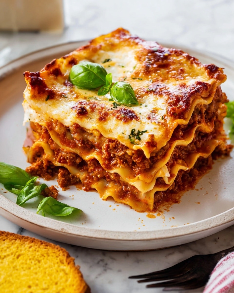A thick piece of lasagna with about five layers of ruffled pasta sheets in between, showing sauce with bits of tomato and meat, and melted cheese that is bubbly and golden brown on top. The lasagna has a warm, shiny texture, and there are green basil leaves on the white plate and on the white marbled surface nearby. In the front corner, part of a slice of yellow bread is visible next to a dark fork. Photo taken with an iphone --ar 4:5 --v 7