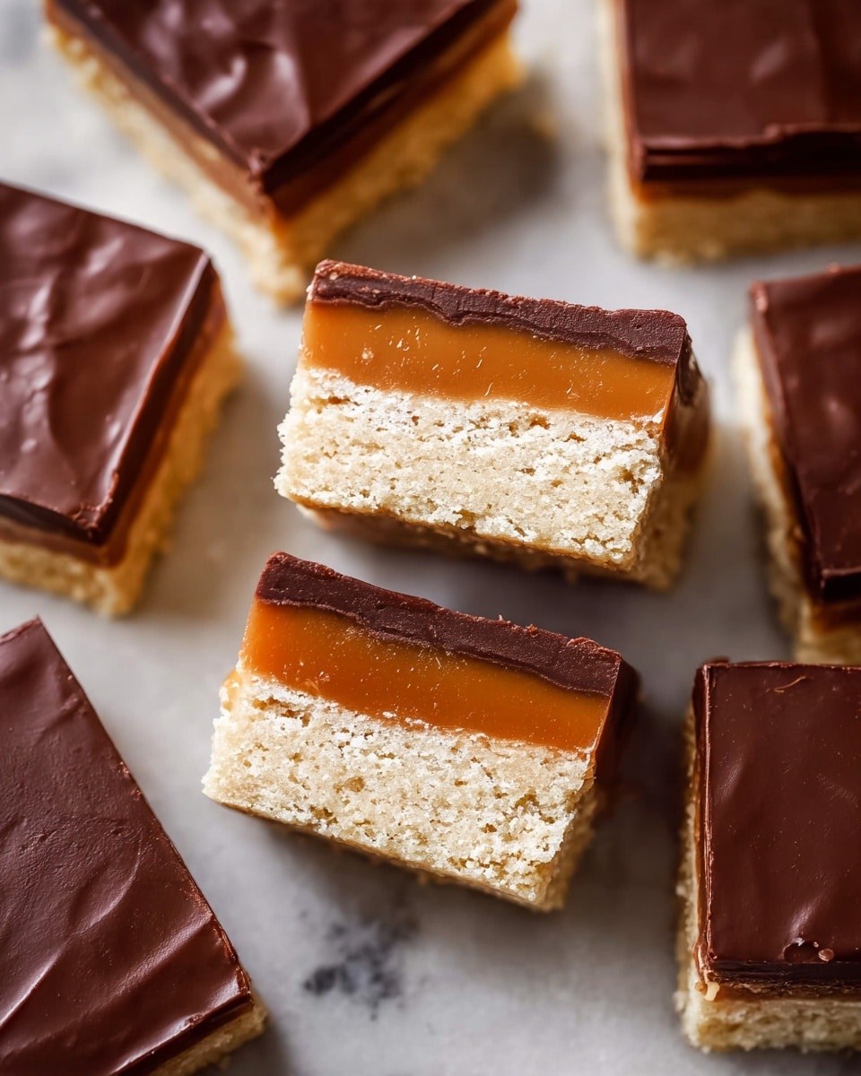 The image shows a close-up of square-shaped dessert bars with three clear layers on a white marbled surface. The bottom layer is thick and pale beige, with a crumbly texture like shortbread. The middle layer is a smooth, golden caramel with a shiny finish. The top layer is a dark brown chocolate, smooth and slightly glossy, evenly covering the caramel. Two bars are placed in the center, one turned to show the layers clearly, while more bars surround them, showing just the chocolate tops. The photo is sharp and well-lit, emphasizing the textures and colors of the layers. photo taken with an iphone --ar 4:5 --v 7