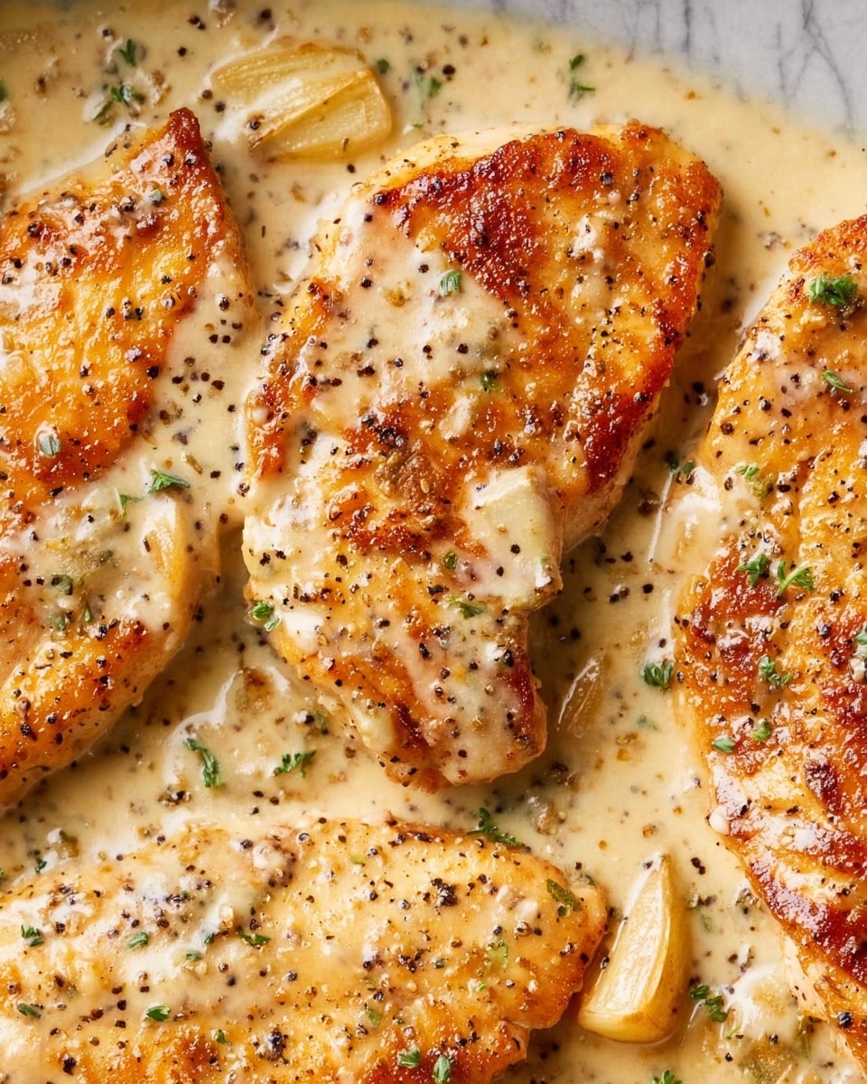 The image shows several pieces of golden brown cooked chicken layered closely together, each piece with a slightly crispy texture and light grill marks. The chicken is covered in a creamy white sauce speckled with black pepper and green herbs, with chunks of garlic visible throughout. The creamy sauce pools around the chicken, creating a rich, smooth surface. The scene is set on a white marbled texture background. photo taken with an iphone --ar 4:5 --v 7