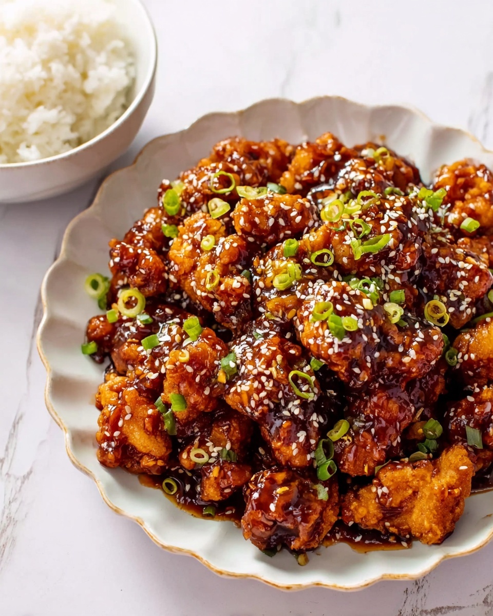 The image shows a white scalloped plate filled with many pieces of fried chicken covered in a shiny dark brown sauce. The chicken pieces are piled high and look crispy under the sauce. On top, there are small white sesame seeds scattered evenly and chopped green onions mixed in for color. To the left, part of a white bowl with plain white rice is visible. The surface beneath the dishes has a white marbled texture that adds a clean and bright look. photo taken with an iphone --ar 4:5 --v 7