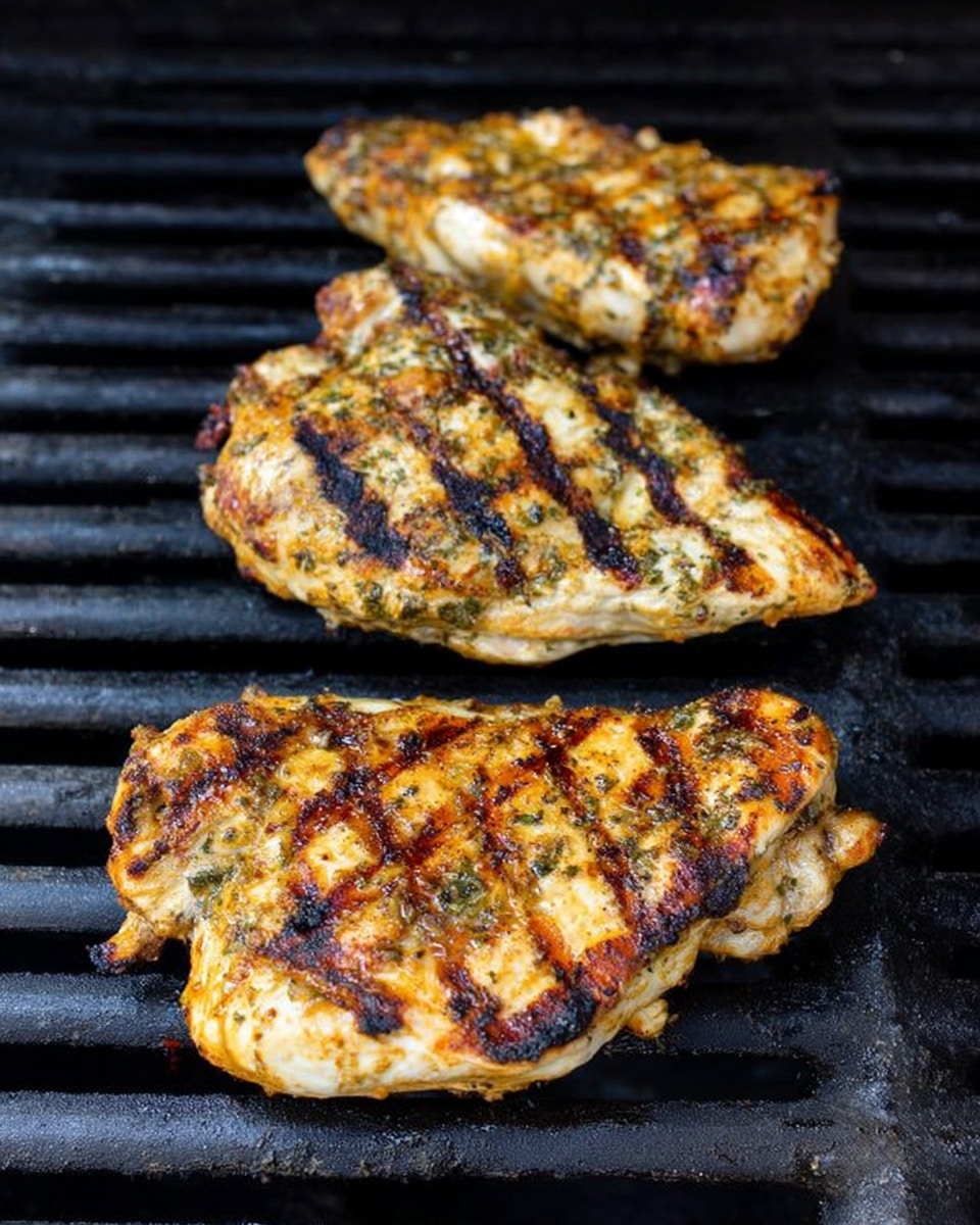 There are three pieces of grilled chicken on a dark metal grill with black grill marks on each piece. The chicken pieces are light brown with some specks of herbs and a mix of golden and slightly charred areas showing a cooked texture. The grill bars run horizontally across the image. The scene is close up, focusing only on the chicken and grill surface. photo taken with an iphone --ar 4:5 --v 7