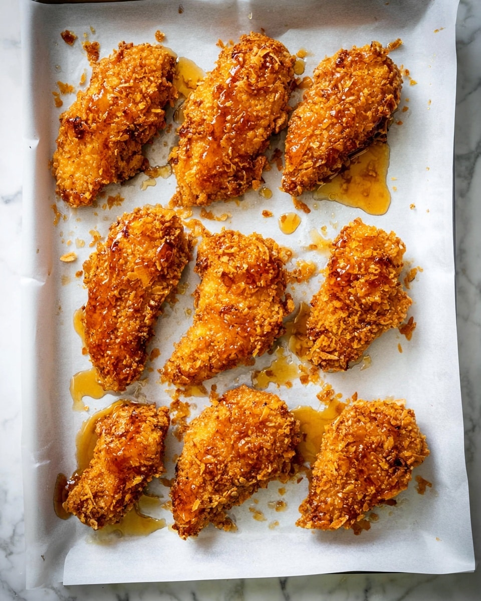 Eight crispy, golden brown chicken pieces are arranged in two rows on a white parchment paper lined baking tray. Each piece has a rough, crunchy texture with visible flakes and small crumbs around them. Shiny, amber-colored syrup is drizzled unevenly over the chicken, creating small pools and drops on the paper beneath. The tray sits on a white marbled surface that adds a subtle background pattern. photo taken with an iphone --ar 4:5 --v 7