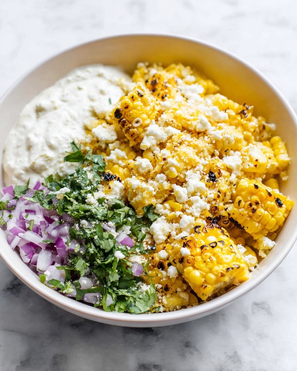A white bowl filled with three main layers: the top layer shows bright yellow grilled corn pieces with some charred spots adding texture, spread unevenly across the bowl's right side; on the left side, there is a creamy white sauce dollop with a smooth and thick texture; the bottom left corner is covered with a mixture of chopped fresh green cilantro leaves and small chopped purple onion pieces, lightly scattered, along with crumbled white cheese sprinkled across the dish adding a fine grainy texture on top; the bowl sits on a surface with a white marbled texture. photo taken with an iphone --ar 4:5 --v 7
