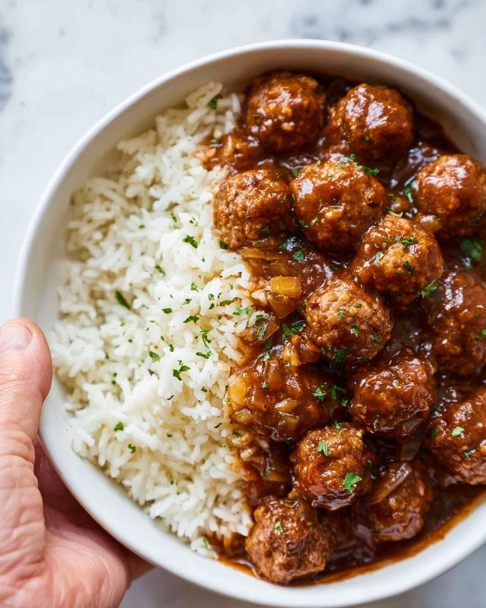 A close-up view of a white enameled pot filled with small brown meatballs coated in a thick, rich dark red tomato sauce with visible small pieces of onion and green herbs mixed throughout. The sauce looks glossy and smooth with a slight texture from the vegetables, and a wooden spoon with a round hole is resting inside the pot on the right side. The pot sits on a white marbled surface, showing some sauce stains near the edges. photo taken with an iphone --ar 4:5 --v 7