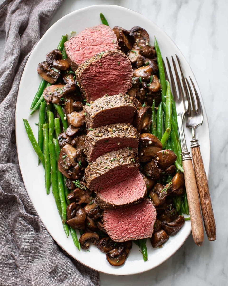 The image shows a white plate with a layer of bright green steamed green beans at the bottom, arranged side by side forming a bed. On top of the green beans, there are several thick slices of medium-rare beef, pink in the center with a browned crust on the outside. The beef slices are slightly overlapping, showing tender, juicy texture with some seasoning and small bits of herbs on top. There is a light brown sauce around the edges of the beef and beans, partially pooling on the plate. The background surface is white marble. photo taken with an iphone --ar 4:5 --v 7