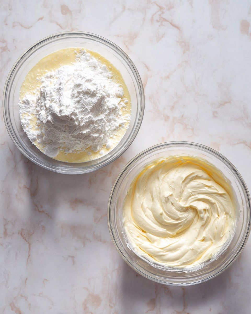 The image shows two clear glass bowls on a white marbled surface. The left bowl contains two layers: a creamy, pale yellow layer at the bottom and a thick, white powdery layer on top that looks like powdered sugar. The right bowl contains a smooth, creamy, pale yellow mixture with soft swirls on the surface. Both bowls are filled with mixture that is light and fluffy in texture. photo taken with an iphone --ar 4:5 --v 7