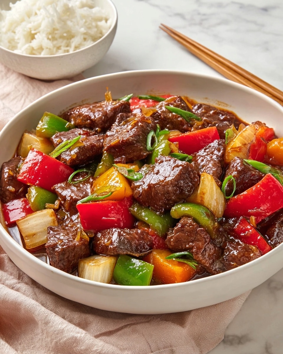 The dish shows a deep white bowl filled with several layers of cooked ingredients. The base layer has thick slices of dark brown beef pieces, covered in a shiny brown sauce. Mixed in and on top are large square chunks of bright red and green bell peppers and pale yellow onion pieces. The beef and vegetables are evenly spread throughout, with the sauce giving a glossy texture over everything. In the background, there is a small white bowl with white rice and a pair of wooden chopsticks resting on the bowl's edge. The scene is set on a white marbled surface with a soft beige cloth partly visible under the bowl. photo taken with an iphone --ar 4:5 --v 7