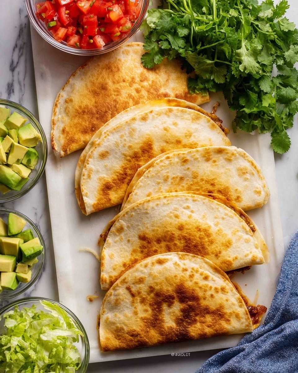 The image shows five golden-brown folded quesadillas arranged in a line on a white baking sheet with a white marbled surface underneath. The quesadillas have a slightly crispy texture with some darker brown spots and are stuffed with a visible layer of melted cheese and ground filling inside. To the left of the quesadillas, a bunch of fresh green cilantro is placed. Near the top and middle, there are two small clear glass bowls, one filled with bright red chopped tomatoes and the other with cubed light green avocado. In the bottom left corner, there is another clear glass bowl filled with chopped green lettuce. A blue and white cloth is partly visible at the bottom right corner, and the photo has good natural light. The overall setup is neat and colorful, highlighting the quesadillas and fresh ingredients. photo taken with an iphone --ar 4:5 --v 7