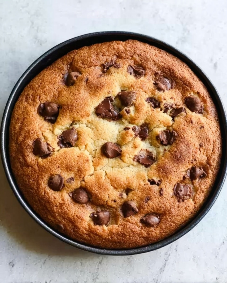 A round chocolate chip cookie with a golden brown top in a black pan, the cookie is thick and has a slightly uneven surface with several visible chocolate chips embedded in the dough, some areas are a bit darker from baking, placed on a white marbled surface. photo taken with an iphone --ar 4:5 --v 7