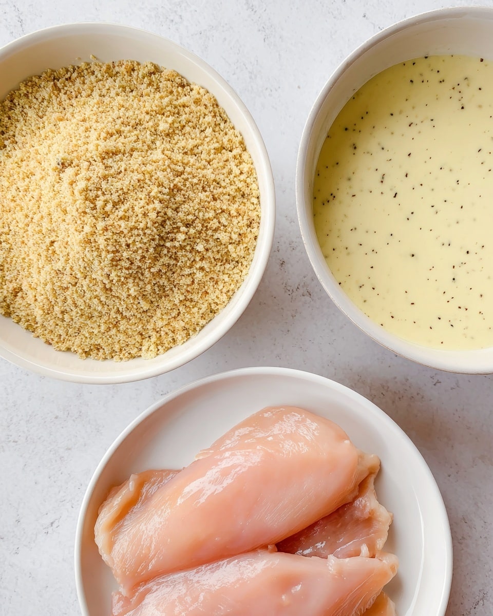 Three white bowls are shown on a white marbled surface. The first bowl on the left is filled with a coarse, light tan crumb mixture. The second bowl at the top right contains a creamy pale yellow liquid with small black specks, giving it a speckled texture. The third bowl at the bottom right holds four pieces of raw, pale pink chicken layered and arranged neatly. The image has soft, natural lighting emphasizing the textures and colors of the ingredients. Photo taken with an iphone --ar 4:5 --v 7