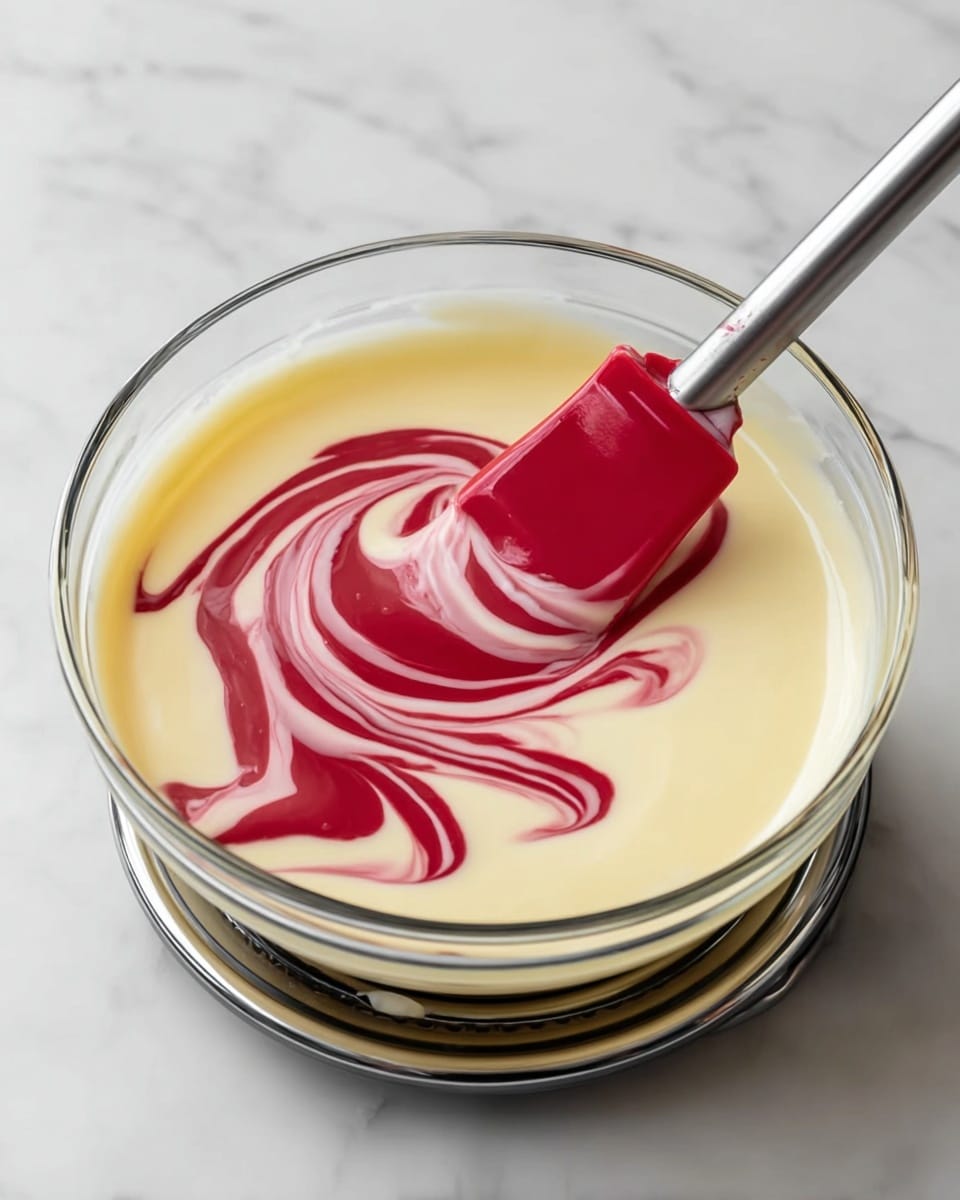 A clear glass bowl sits on a shiny metal stand over a white marbled surface, filled with a smooth pale yellow layer of melted white chocolate. On top of this layer, a bright red thick liquid is being gently swirled with a red silicone spatula that has a silver handle, creating a marbled effect where the two colors mix but keep their distinct swirls. The edges of the bowl show the reflection of the surroundings, adding a shiny look to the smooth textures inside. Photo taken with an iphone --ar 4:5 --v 7
