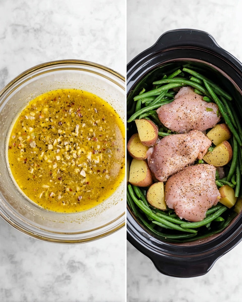 The image shows two parts: on the left, a clear glass bowl with a yellow sauce mixed with small chunks and spices, placed on a white marbled surface; on the right, a black slow cooker filled with a first layer of light brown potato pieces at the bottom, a second layer of fresh green beans over the potatoes, and topped with four raw pink chicken pieces covered with the yellow sauce and sprinkled with black pepper, all set on a white marbled surface photo taken with an iphone --ar 4:5 --v 7