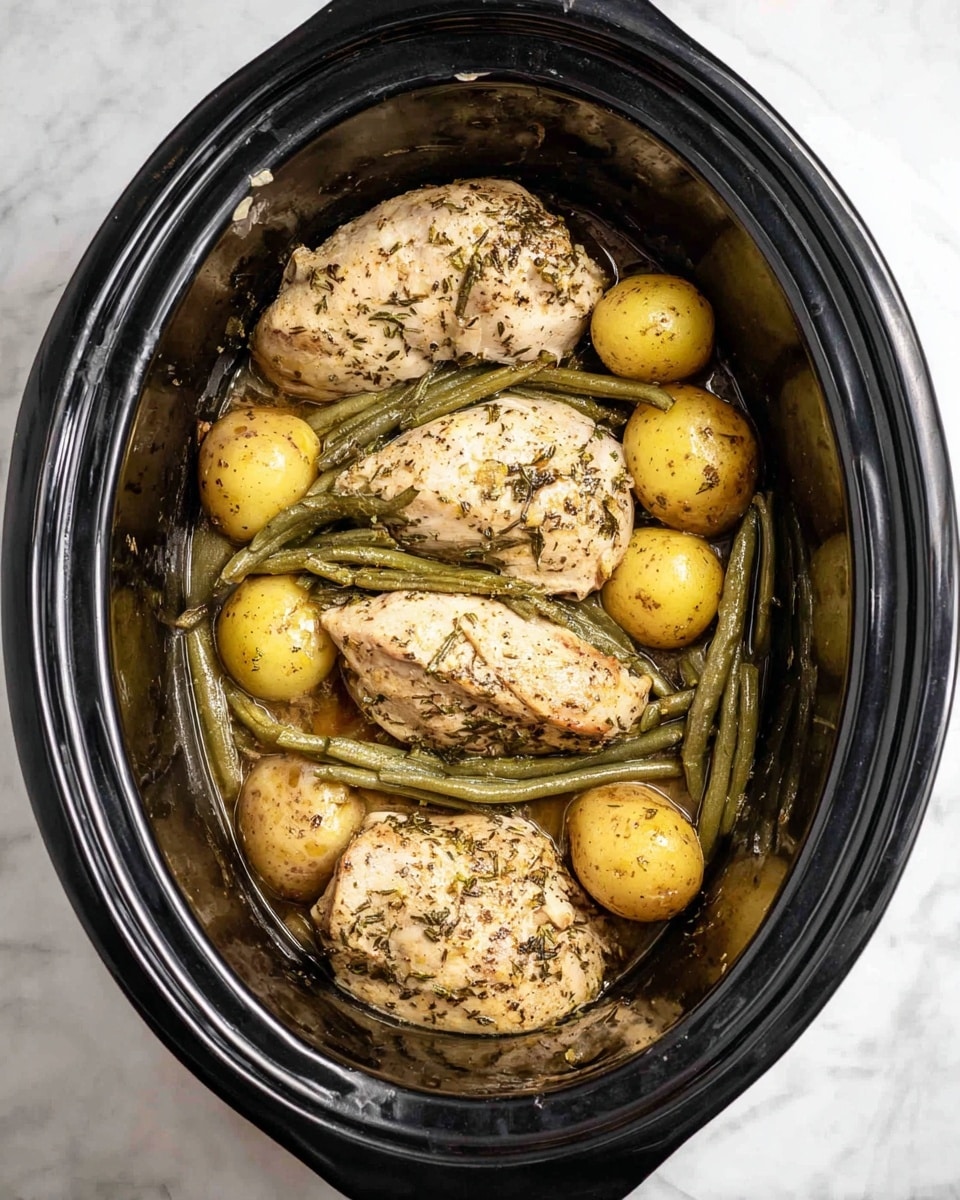 Inside a black slow cooker, there are four large, light brown chicken pieces seasoned with herbs and small bits of garlic on top. Below the chicken, there is a layer of green beans that are long and slightly wrinkled, mixed with small, round yellow potatoes. The potatoes have a soft texture, some with skins showing, and the whole dish has a light brown sauce at the bottom. The cooker sits on a white marbled surface. photo taken with an iphone --ar 4:5 --v 7