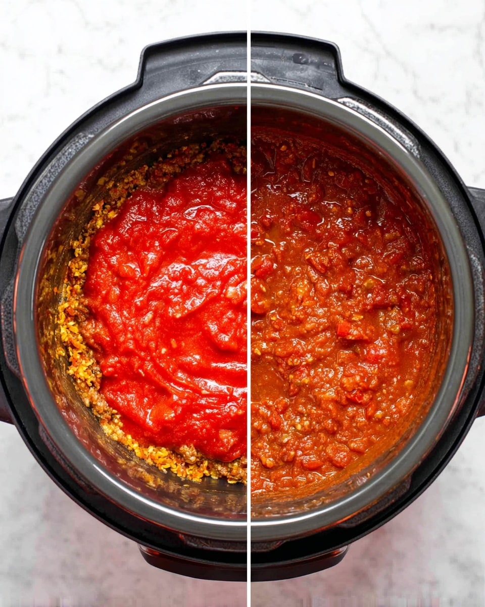 The image shows two views of a slow cooker pot with a thick sauce. On the left side, the pot is filled halfway with a mix of chopped brown and yellow ingredients at the bottom, topped with bright red, chunky tomato sauce covering the top layer. On the right side, the sauce is fully mixed into a thick, reddish-brown textured mixture with visible pieces of tomatoes and small bits of other ingredients throughout. The pot sits on a white marbled surface. photo taken with an iphone --ar 4:5 --v 7