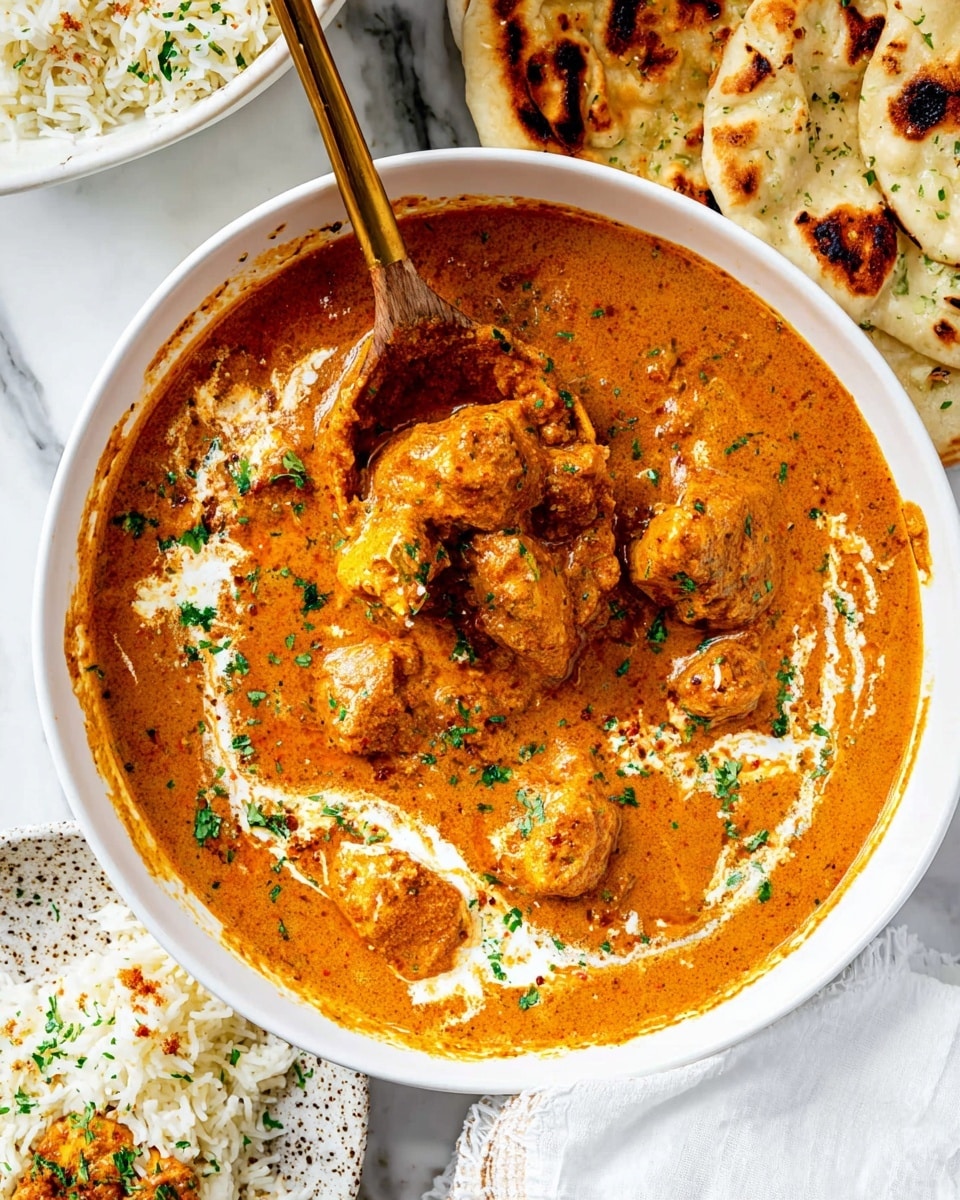 A white bowl filled with creamy orange curry, showing several pieces of chicken immersed in the thick sauce. The sauce is swirled with white cream and sprinkled with chopped green herbs on top. A wooden spoon rests in the bowl, scooping up chunks of chicken, highlighting its tender texture. Surrounding the bowl, there are grilled flatbreads with charred spots, placed on a white marbled surface. In the corner, a speckled round plate holds white rice garnished with herbs. The overall scene is bright and colorful, showcasing a rich, comforting meal photo taken with an iphone --ar 4:5 --v 7