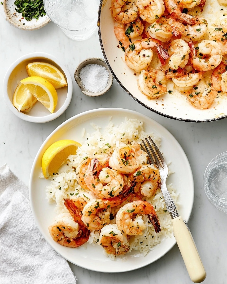 The dish shows a white plate with a base layer of fluffy white rice topped with a layer of cooked shrimp that are pink-orange with a slightly shiny, moist texture. Small green herb pieces are sprinkled over the shrimp, adding a touch of fresh color. A lemon wedge is placed on the side of the plate near the shrimp. Next to the plate, a fork with a cream-colored handle holds one shrimp. Above the plate, there is a white pan filled with more shrimp, all glistening and garnished similarly. The setting includes a small white bowl with coarse salt and pepper on the top right, a glass of water to its side, and a small white bowl of lemon wedges and herbs in the lower left corner. The background is a white marbled surface. photo taken with an iphone --ar 4:5 --v 7