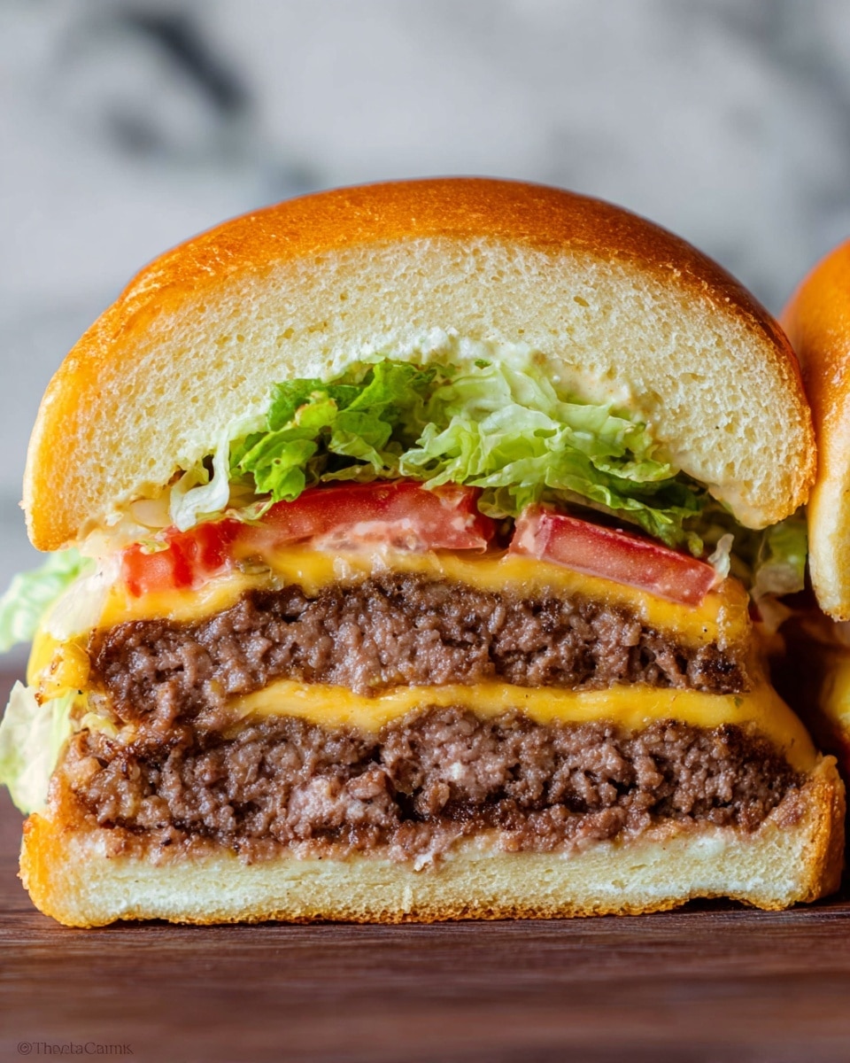 A close-up of a burger sliced in half shows five layers from bottom to top: a soft, golden toasted bun with a smooth texture, a layer of green lettuce with thin, crisp leaves, bright red tomato slices above it, followed by a layer of cooked ground beef patties with melted yellow cheese between them, and topped with the upper part of the same golden toasted bun. The background is a white marbled texture. photo taken with an iphone --ar 4:5 --v 7