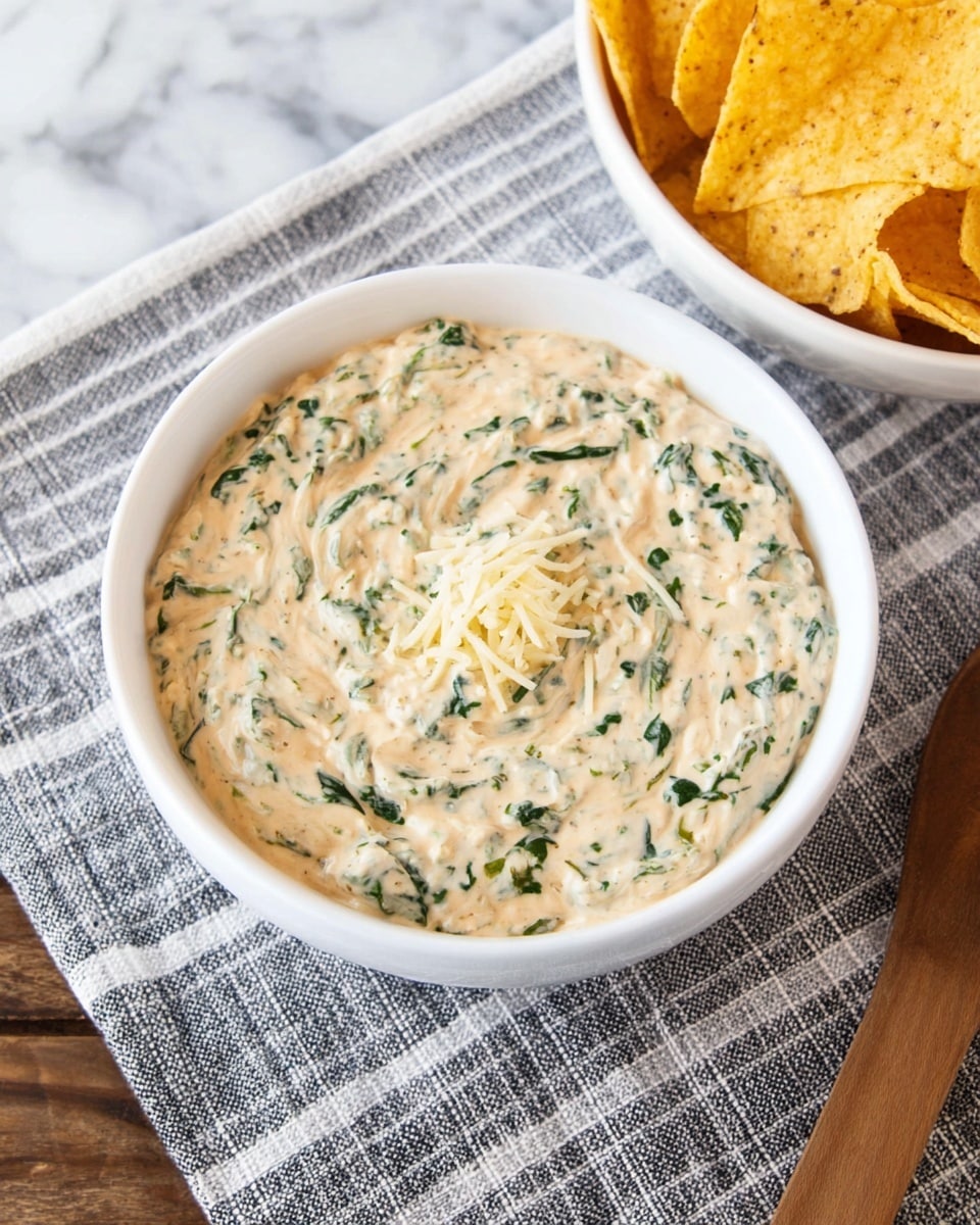 A white bowl filled with a creamy spinach dip that has visible green spinach leaves mixed throughout its light beige creamy texture, topped with a small sprinkle of shredded cheese in the center; the bowl sits on a grey and white checkered cloth, which is placed on a white marbled surface, next to a white bowl containing yellowish tortilla chips, and a wooden utensil is partially visible on the right side; the photo taken with an iphone --ar 4:5 --v 7