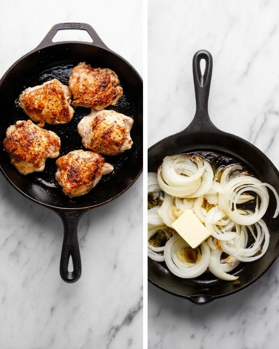 The image shows two black cast iron pans on a white marbled surface. The pan on the left has four golden brown cooked chicken pieces evenly spaced, showing a slightly crispy texture on top. The pan on the right contains white sliced onion rings layered over a small square of melting butter in the bottom right part of the pan, with some olive oil or butter cooking marks visible around the onions. Both pans have a handle pointing up. photo taken with an iphone --ar 4:5 --v 7