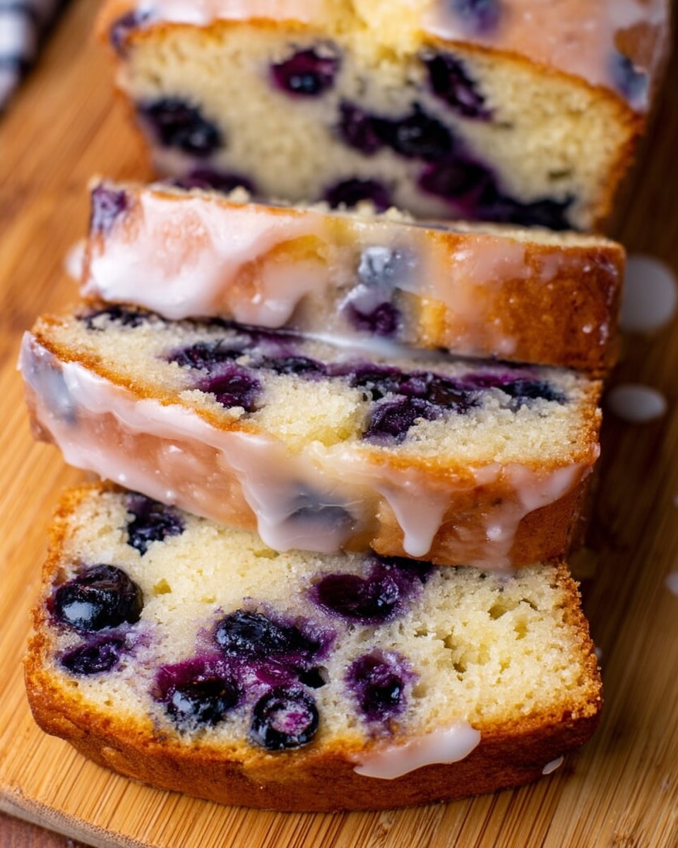 The image shows three close-up slices of blueberry cake arranged on a light wooden board. Each slice has a golden brown outer layer with a soft, moist inside that is light beige with many dark purple blueberries spread throughout. The top layer has a thin, shiny white glaze that drips slightly over the edges and pools around some blueberries. The cake texture looks fluffy with visible small air holes, and the blueberries add dark round spots with juicy bursts of color inside the cake. Photo taken with an iphone --ar 4:5 --v 7