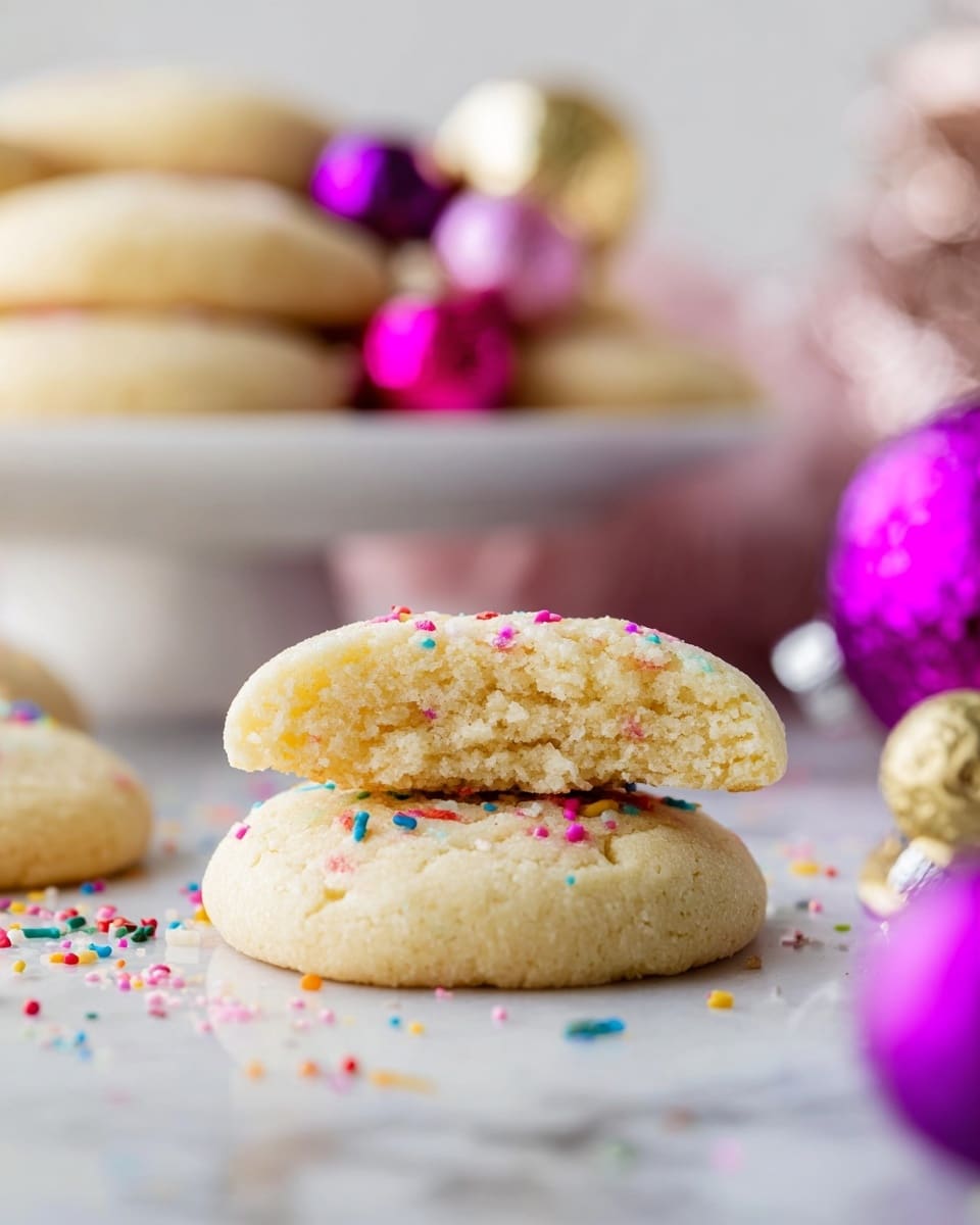 The image shows two soft, light beige cookies stacked, with the top cookie broken in half to reveal a soft, airy inside texture. Small, colorful round sprinkles decorate the cookies and are scattered on the white marbled surface below. In the background, there is a white plate with more cookies, slightly blurred, and festive purple and pink ornaments adding a bright touch. The scene has a gentle, warm light that focuses on the cookies in front. photo taken with an iphone --ar 4:5 --v 7