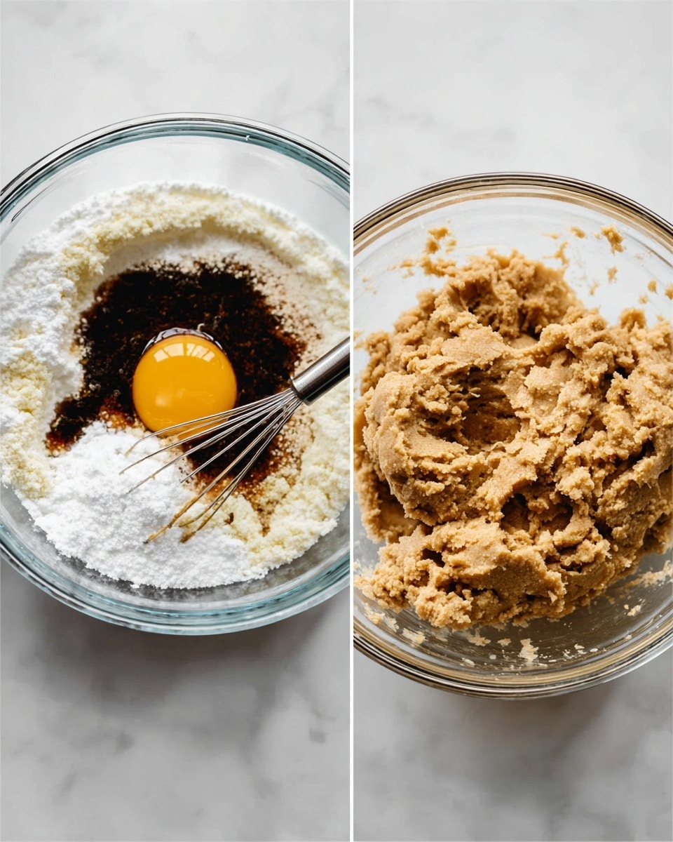 The image shows two clear glass bowls side by side on a white marbled surface. The left bowl holds three layers: a bottom layer of fluffy white sugar, a middle layer of dark brown vanilla extract pooled unevenly, and a top layer of a whole raw egg in the center, with a metal whisk hovering over it. The right bowl contains a thick, light brown dough with a rough, slightly crumbly texture, filling most of the bowl with some areas smoothed out and others clumped. Photo taken with an iphone --ar 4:5 --v 7