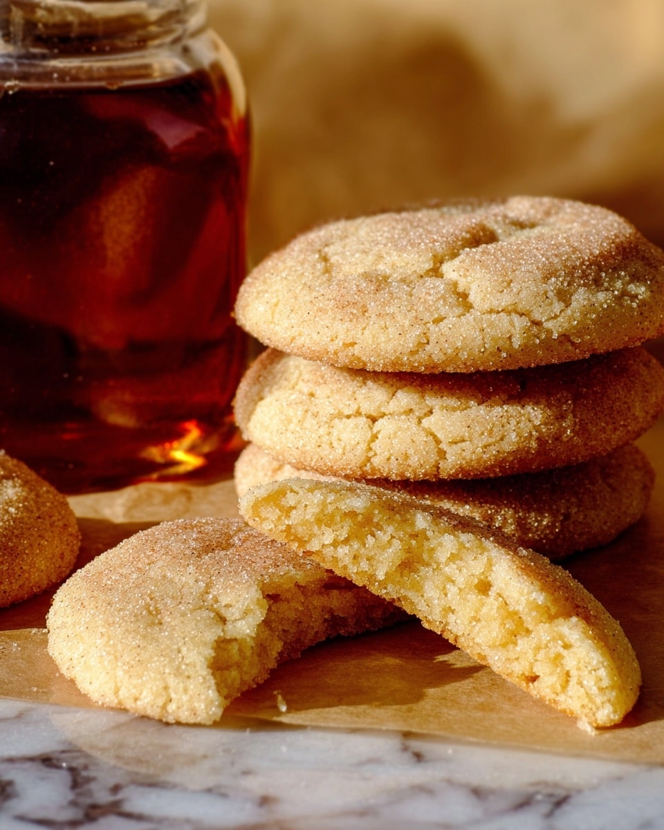The image shows a stack of soft, round, light golden cookies with a coarse sugar coating on top, resting on parchment paper over a white marbled surface. The top cookie is broken in half, revealing a slightly crumbly inner texture that looks tender and moist. Behind the cookies, there is a clear glass jar filled with dark amber syrup, catching the light. The overall warm tones contrast with the white marbled surface, creating a cozy and inviting feel. photo taken with an iphone --ar 4:5 --v 7