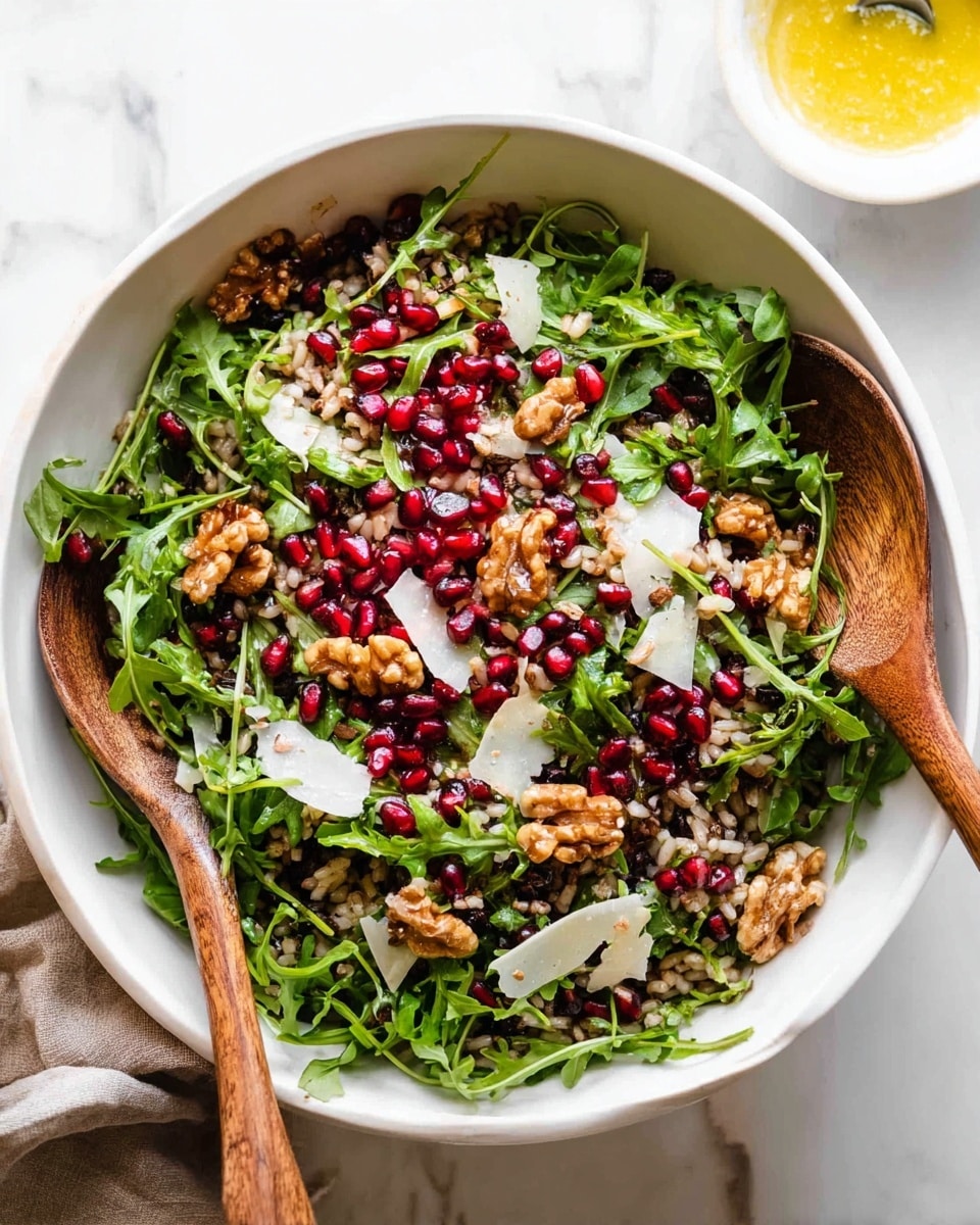 A white bowl holds a fresh salad with three main layers; the bottom layer is dark wild rice mixed with lighter grains, topped with bright red pomegranate seeds adding small, shiny clusters of color. On top of this, there are many toasted walnut pieces with a rich brown, crunchy texture scattered unevenly. The upper layer is made of fresh green arugula leaves with curly edges, giving a bright and lively look, finished with thin, white shavings of cheese spread across the salad. The bowl rests on a white marbled surface. photo taken with an iphone --ar 4:5 --v 7