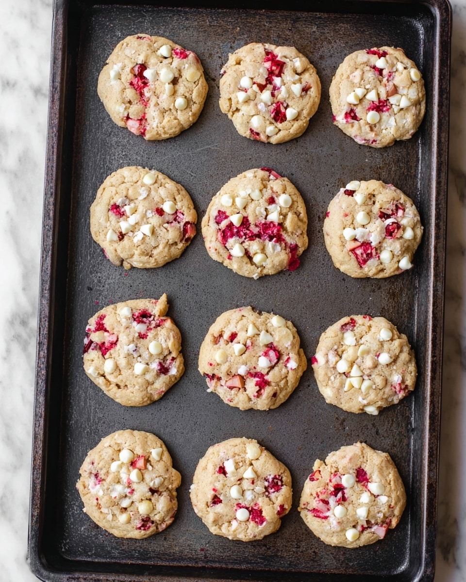 A dark baking tray holds twelve round cookies arranged in three rows of four. Each cookie has a light golden-brown base with a slightly rough texture. Scattered across the surface are small white chocolate chips and red berry pieces that create a bright contrast. The cookies have an uneven shape and look soft but firm, with some chips slightly melted into the dough. The tray is placed on a white marbled textured surface. photo taken with an iphone --ar 4:5 --v 7