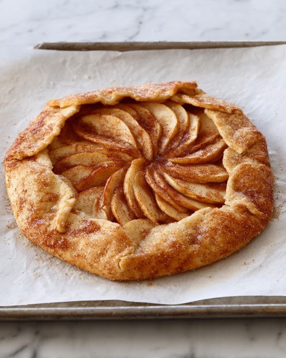 A round galette with a rustic, golden-brown crust folded roughly over thinly sliced apples arranged in overlapping layers in the center, sprinkled with cinnamon sugar that adds a light grainy texture on the crust and apple surface. The galette rests on white baking paper on a dark metal tray set on a white marbled surface. The edges of the crust are uneven and puffed, showing a rough homemade look. photo taken with an iphone --ar 4:5 --v 7