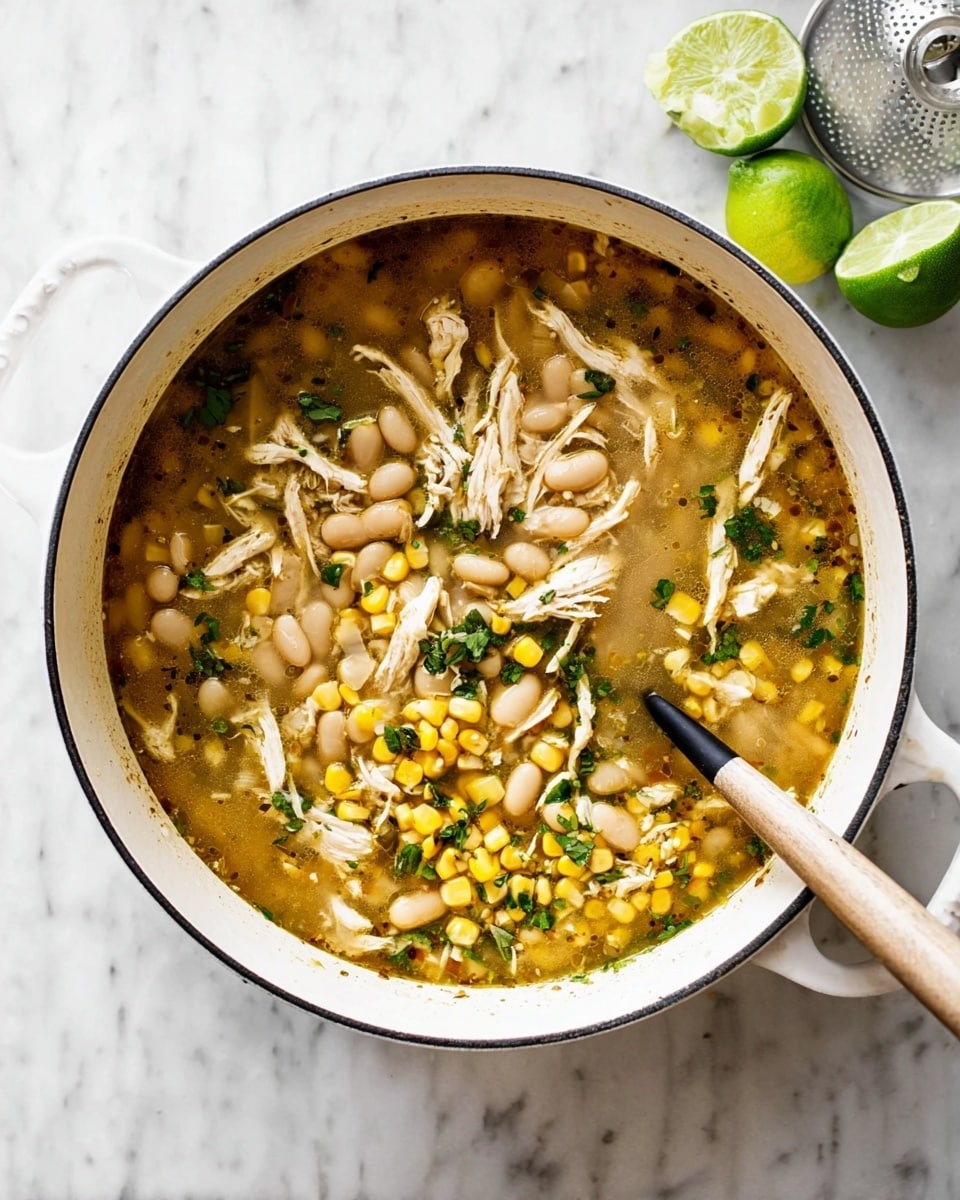 A white pot filled with a soup showing clear layers: the bottom layer is a light brown broth with small green herbs floating; the second layer has white beans scattered around; above them are shredded light beige chicken pieces; yellow corn kernels are spread evenly throughout the soup; small green herb pieces are sprinkled on top near the center and right side. A black spoon with a light wooden handle is resting inside the pot, partially submerged in the soup. The pot is placed on a white marbled surface, with a lime cut in half and a glass lime juicer beside it. Photo taken with an iphone --ar 4:5 --v 7