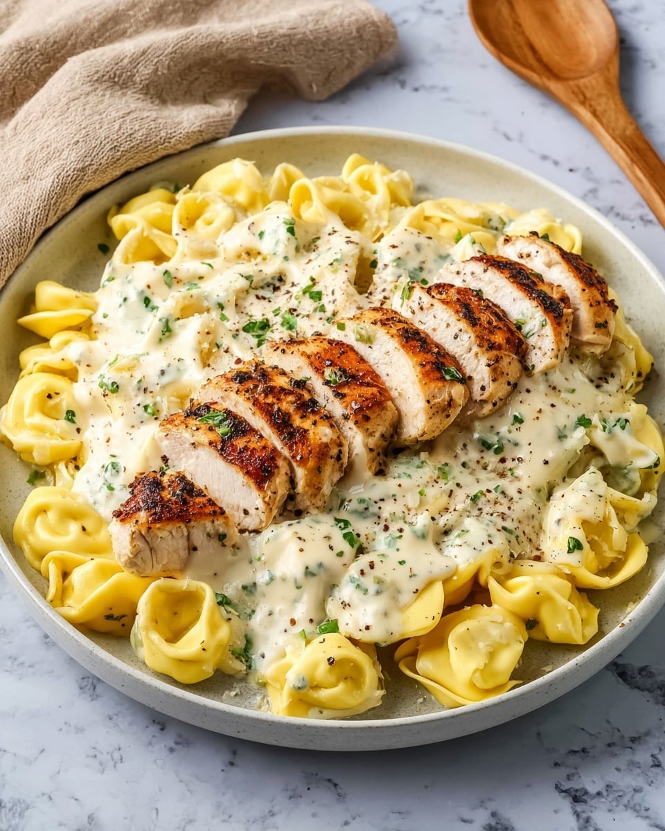 A white plate is filled with one layer of yellow tortellini covered in a creamy white sauce, sprinkled with green chopped herbs and black pepper. On top of the pasta, there is a layer of grilled chicken slices, cooked to a golden brown with visible char marks. The plate is placed on a white marbled surface next to a wooden spoon with a letter carved into it and a folded grey cloth. The overall color is warm with light tones of sauce and chicken contrasted by bright green herbs. Photo taken with an iphone --ar 4:5 --v 7