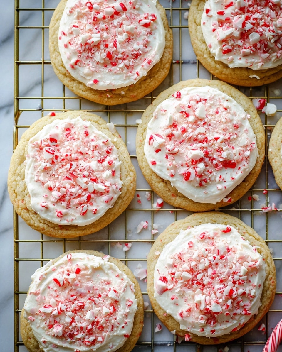 Seven round cookies are placed on a gold wire cooling rack over a white marbled surface. Each cookie has two visible layers: a light golden-brown base layer with a soft texture, and a thick white frosting layer spread evenly on top. The frosting is decorated with crushed red and white peppermint candy pieces that create a rough, crumbly texture. The cookies are arranged closely but not touching, and a small part of a rolled peppermint stick is visible at the bottom right corner. Photo taken with an iphone --ar 4:5 --v 7