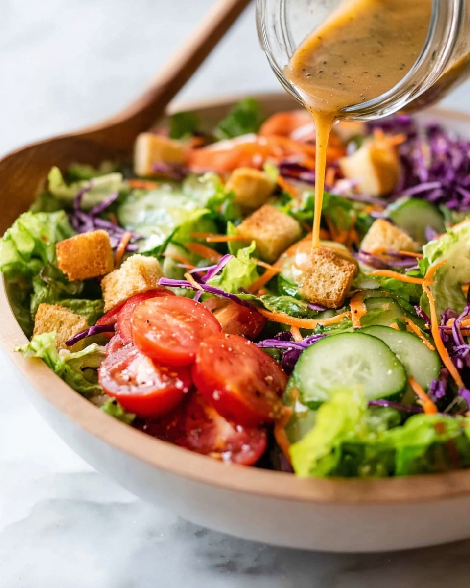 A colorful fresh salad is shown in a white bowl on a white marbled surface. The salad layers include bright green leafy lettuce, thin slices of cucumber with light green rinds, halved red cherry tomatoes, purple cabbage shreds, thin orange carrot strips, and small golden brown croutons spread evenly. A woman's hand is pouring a light brown, slightly thick dressing over the top from a small glass container. A wooden spoon is partly visible resting in the salad. The scene is bright and vivid, highlighting the fresh textures and colors of the vegetables. photo taken with an iphone --ar 4:5 --v 7