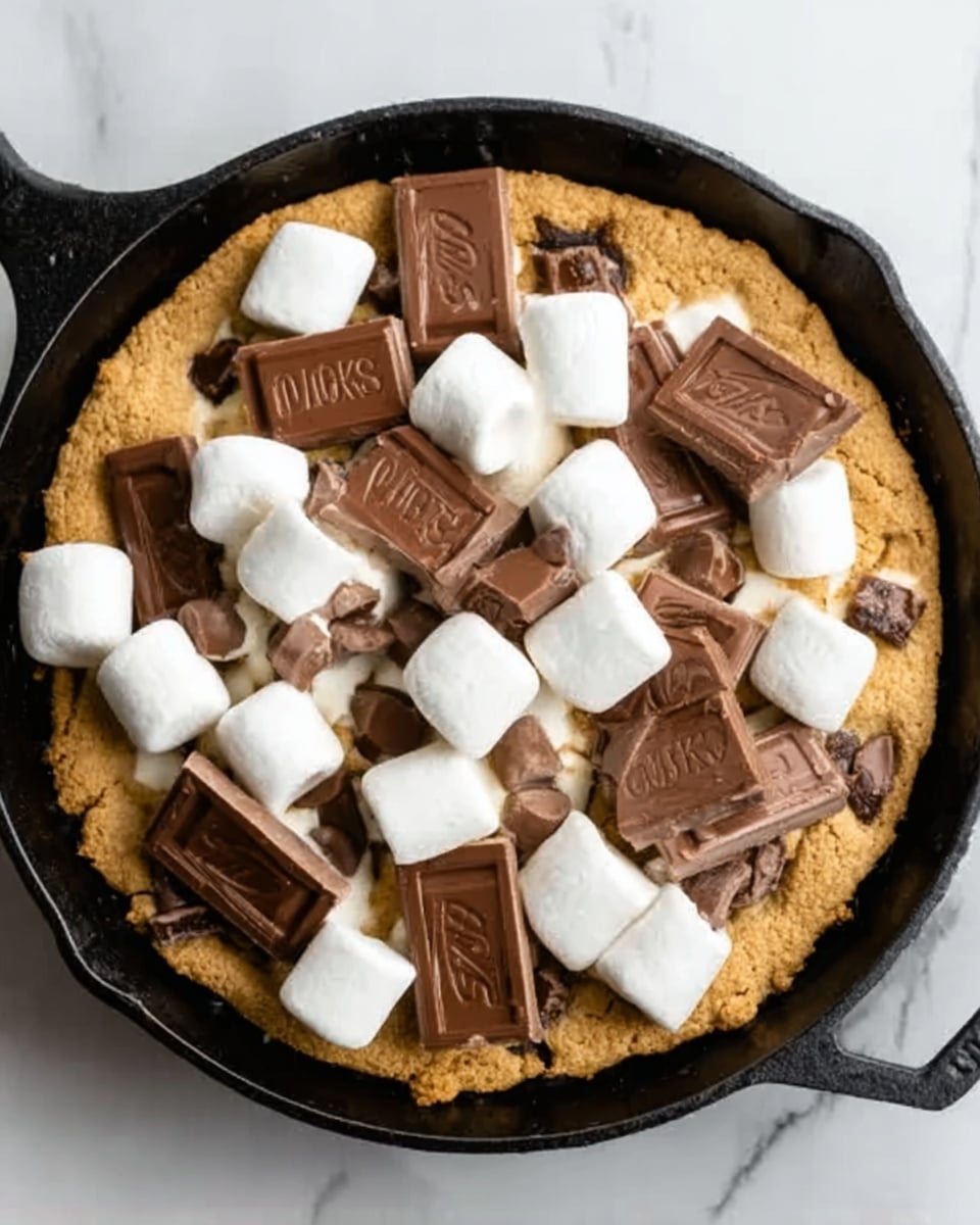 The image shows a close-up of a black cast iron skillet filled with a golden-brown baked treat. On top, there are large white marshmallows with a soft, smooth texture, evenly scattered. Among the marshmallows, there are squares of milk chocolate pieces, some with a slight shine and firm texture, arranged in neat chunks. The baked layer beneath the toppings looks slightly crispy and caramelized with a warm tan color. The skillet sits on a white marbled surface. Photo taken with an iphone --ar 4:5 --v 7