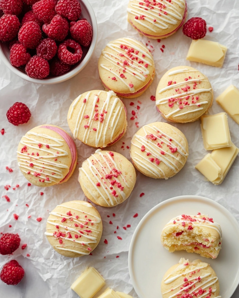 The image shows a group of round sandwich cookies arranged on white crumpled paper over a white marbled surface. Each cookie has two light golden layers with a pink filling in the middle. The top layer of each cookie is decorated with white drizzle lines and sprinkled with small red crumbs. On the right, one cookie is on a white plate and is partially eaten, revealing its soft inside and pink filling. There is a white bowl filled with fresh bright red raspberries in the top left corner, scattered loose raspberries near the top right, and pieces of pale yellow white chocolate scattered around the cookies. The overall look is bright and colorful with a mix of smooth, crumbly, and fresh textures. photo taken with an iphone --ar 4:5 --v 7