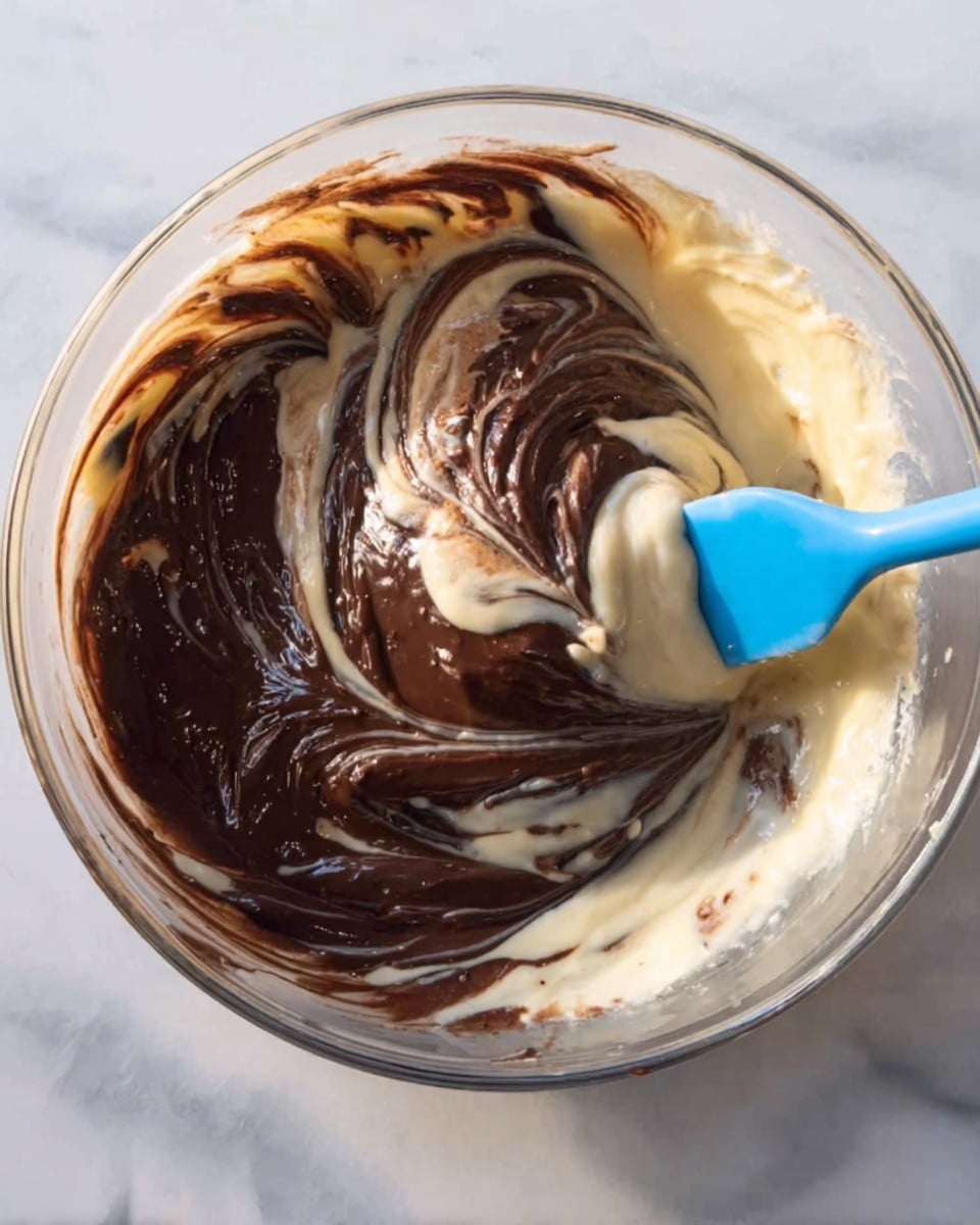 In a clear glass bowl, there are two layers of batter being mixed: a light cream-colored batter and a dark brown chocolate batter. The two batters are swirled together, creating a marbled pattern with thick, creamy textures. A blue silicone spatula is partially visible, blending the batters with smooth, curved strokes. The bowl sits on a white marbled surface, and the light highlights the glossy and slightly thick consistency of the batters. photo taken with an iphone --ar 4:5 --v 7